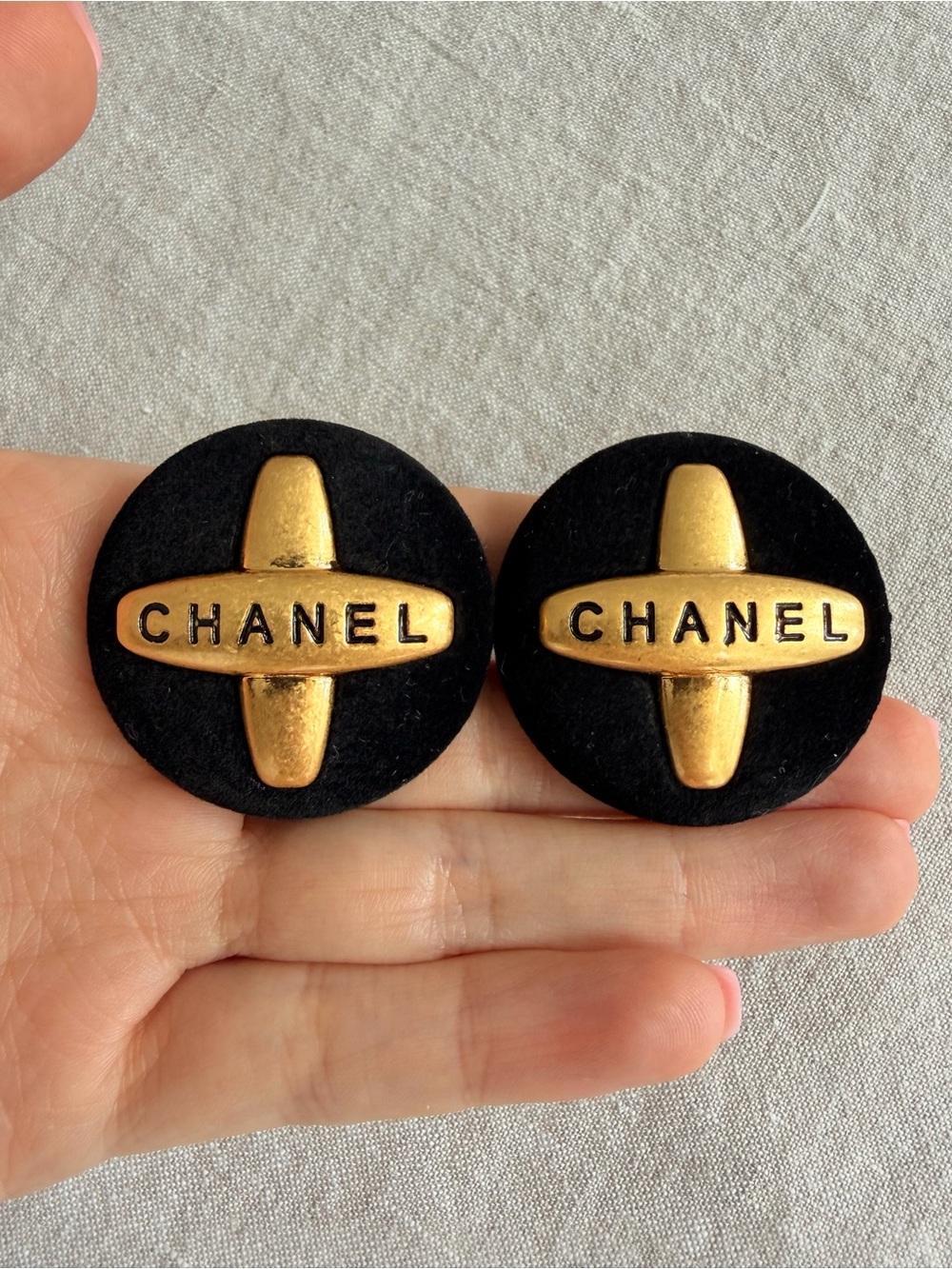 Chanel Vintage Black Velvet and Gold Metal Clip-On Earrings